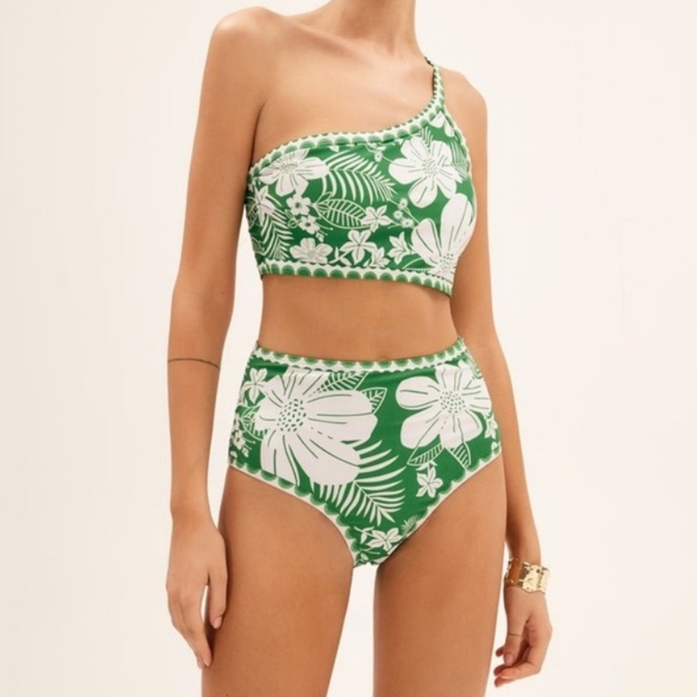 Commense Green and White Floral High-Waist Bikini Bottoms and one shoulder top.